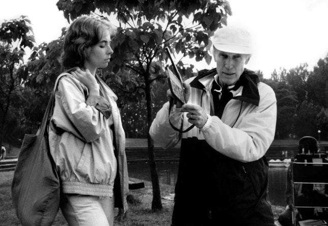 Emmanuelle Chaulet e Eric Rohmer — rodagem de "O Amigo da Minha Amiga" (1987)