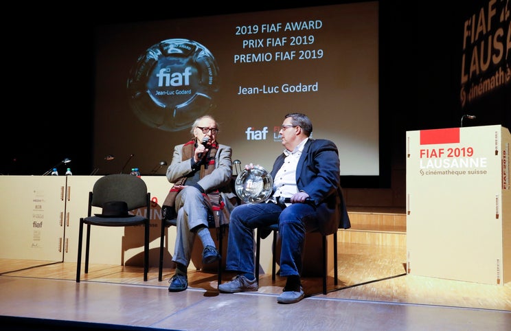 Jean-Luc Godard e Frédéric Maire — Lausanne, 11 Abril 2019<br>© Carine Roth / Cinémathèque suisse