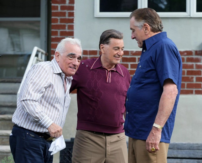Martin Scorsese, Al Pacino e Robert De Niro — rodagem de "The Irishman"