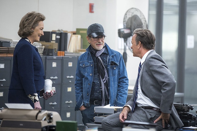Meryl Streep, Steven Spielberg e Tom Hanks — rodagem de "The Post"