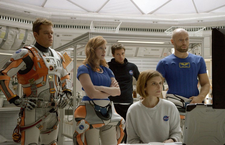 Aventura em Marte (da esquerda para a direita): Matt Damon, Jessica Chastain, Sebastian Stan, Kate Mara e Aksel Hennie