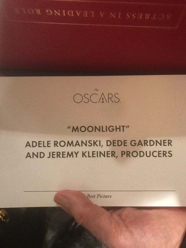 O envelope que confirmou o triunfo de "Moonlight" na cerimónia dos Óscares.