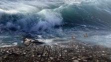 Imagem de Tsunami destrutivo com ondas de altura ameaçadora para a vida