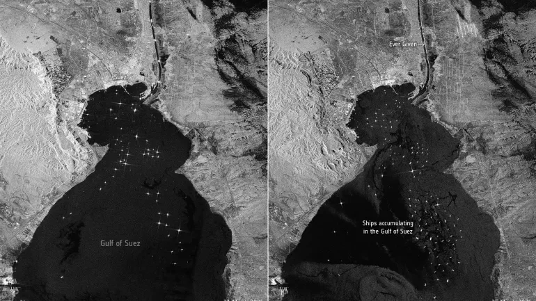 Bloqueio no Suez visto do espaço