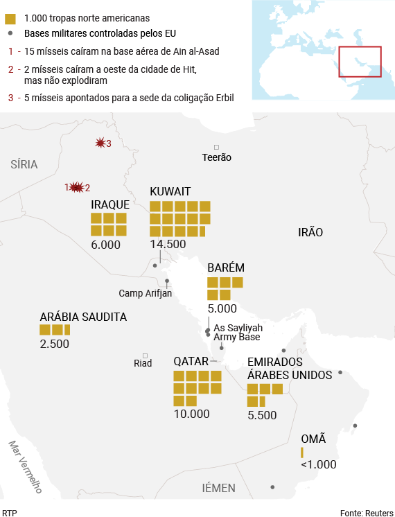 mapa dos ataques &agrave;s bases dos EUA e localiza&ccedil;&atilde;o das tropas norte americanas