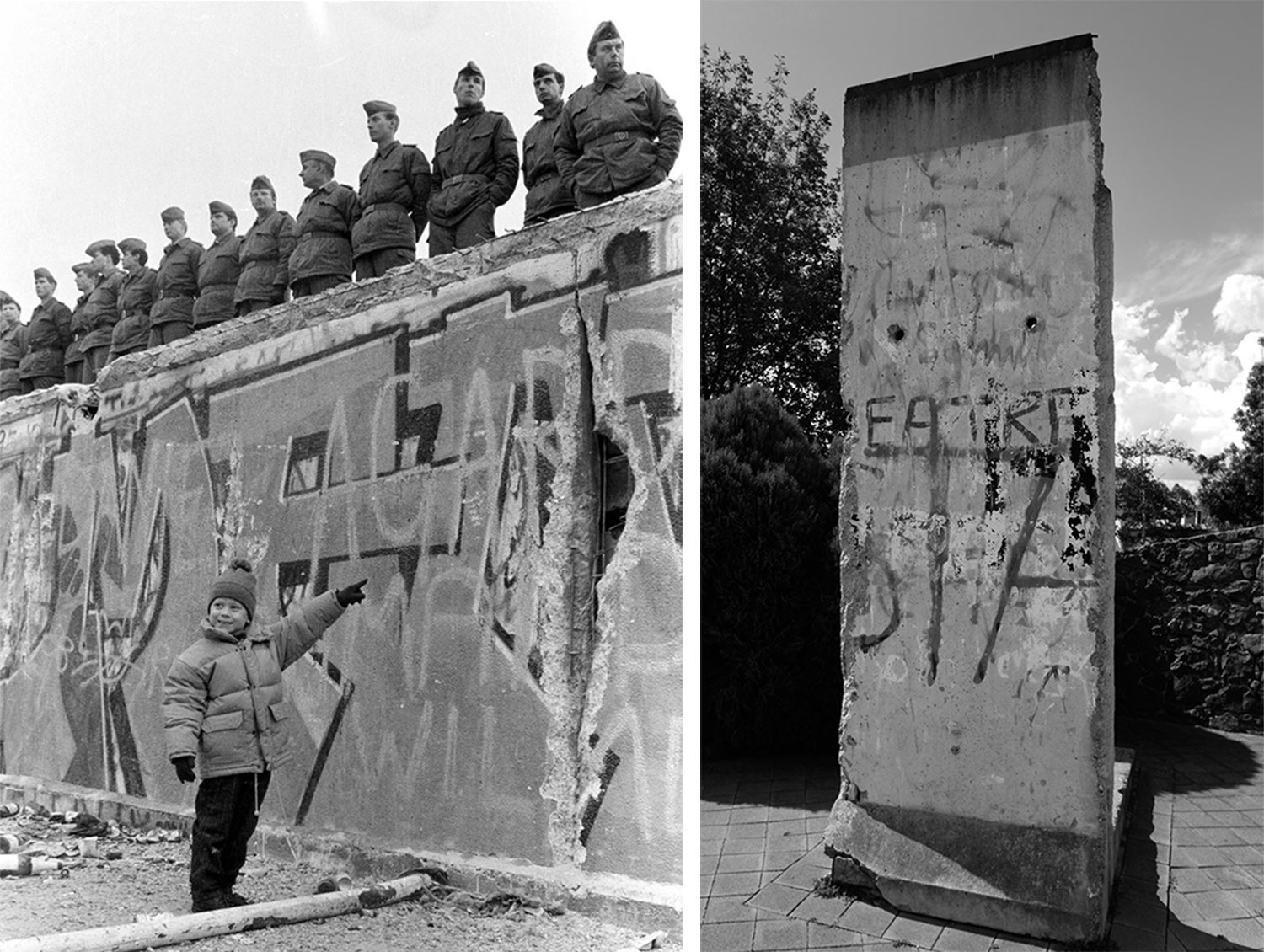 Esquerda: Queda do Muro de Berlim em 1989. Direita: Segmento do Muro de Berlim em 2019