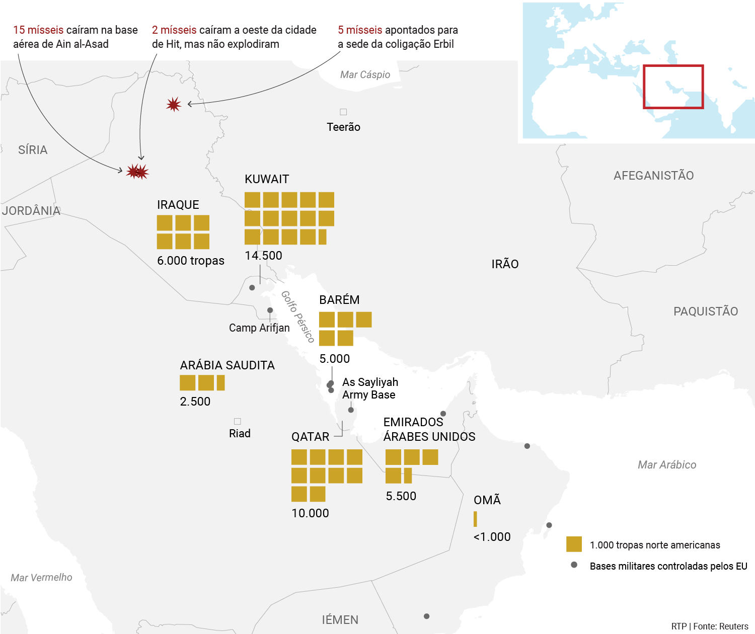mapa dos ataques &agrave;s bases dos EUA e localiza&ccedil;&atilde;o das tropas norte americanas