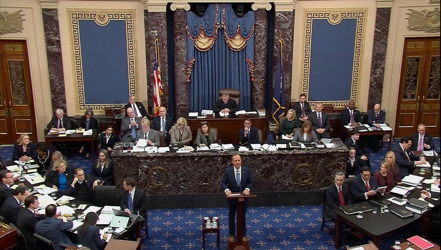 Adam Schiff, líder democrata do Comité Judiciário do Congresso, no primeiro dia do julgamento de destituição de Donald Trump no Senado, a 21 de janeiro de 2020
