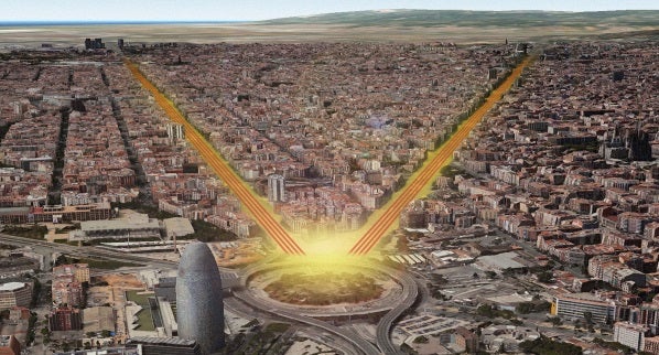 O V previsto pela ANC dever&aacute; ocupar duas das principais avenidas de Barcelona, a Gran Via e a Avinguda Diagonal. A Pla&ccedil;a de Les Corts Catalanes ser&aacute; o v&eacute;rtice do V, onde se concentrar&aacute; grande parte das actividades previstas &ndash; Imagem disponibilizada no site da ANC.