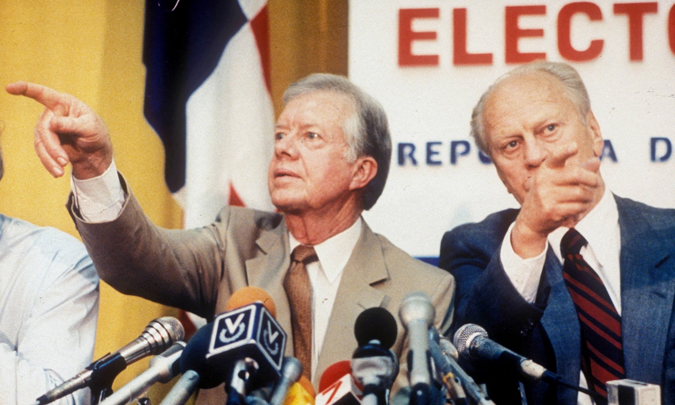  Os ex-presidentes dos EUA Jimmy Carter e Gerald Ford. Confer&ecirc;ncia de imprensa na Cidade do Panam&aacute;, Panam&aacute;, a 5 de maio de 1989 | Dematteis - Reuters 