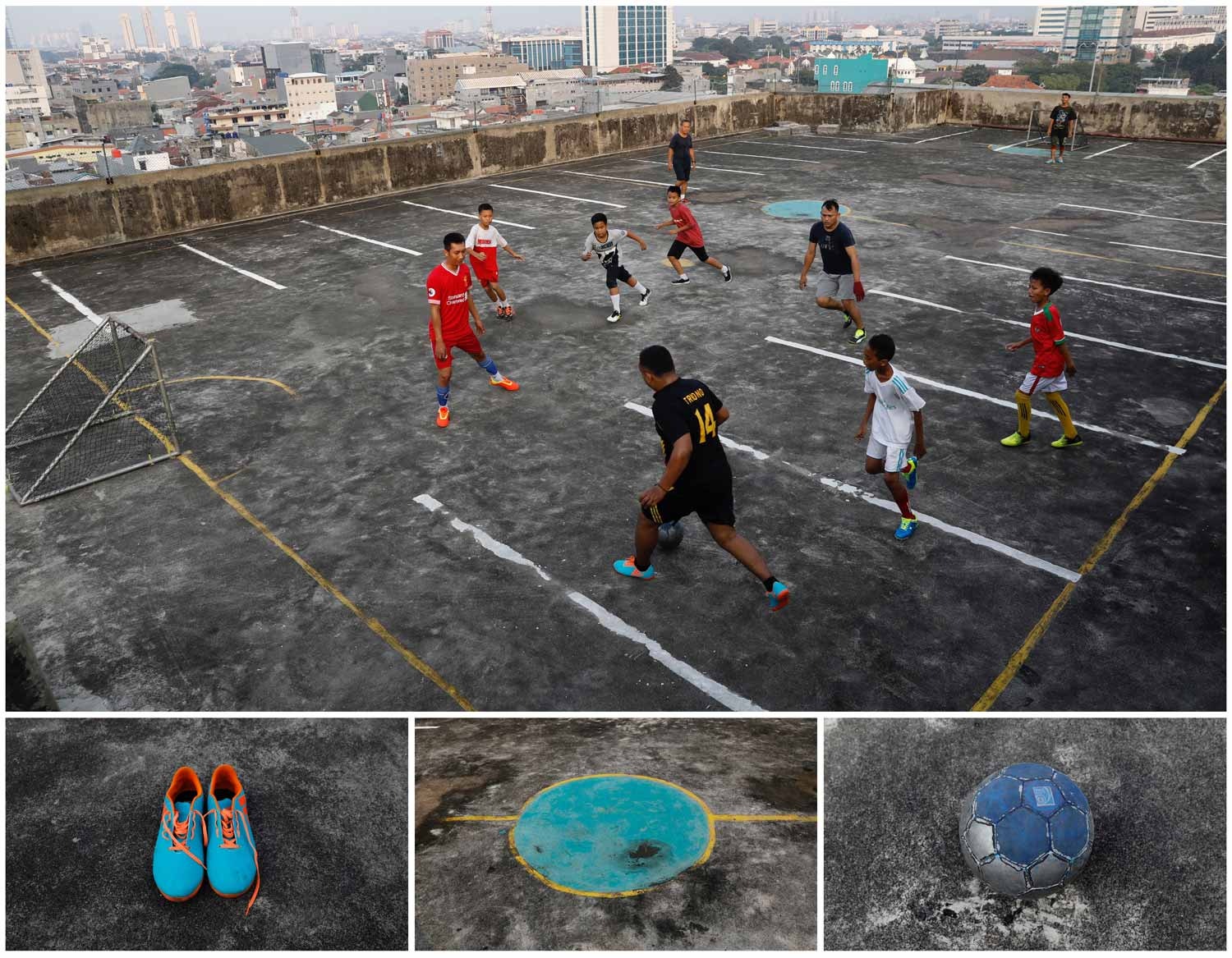  Uma baliza nos dois lados opostos de um parque de estacionamento no topo de um edif&iacute;cio &eacute; o suficiente para criar um campo de futebol em Jacarta, capital da Indon&eacute;sia. Foto: Darren Whiteside - Reuters 