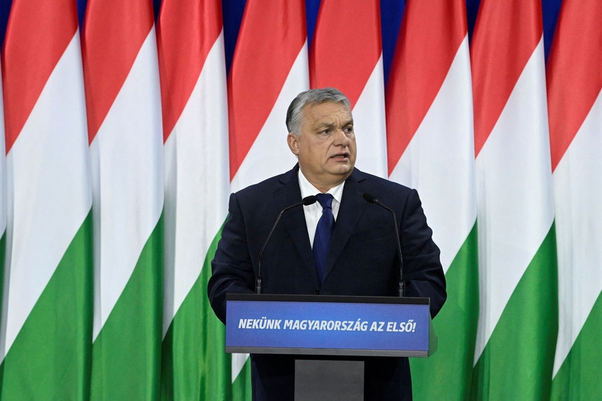 Viktor Orbán, primeiro-ministro da Hungria, durante o seu discurso do Estado da Nação em fevereiro de 2024
