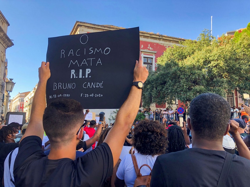 Manifestação anti-racismo em Lisboa após homicídio do ator Bruno Candé, no final de julho.
