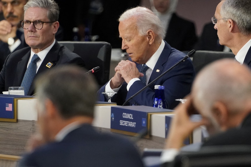 O presidente norte-americano, Joe Biden, numa intervenção durante a cimeira da NATO, em Washington, esta quarta-feira. 
