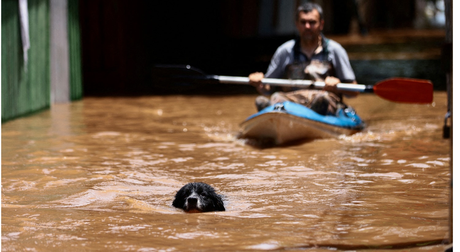  Um c&atilde;o nada &agrave; frente de um homem que circula em canoa devido as cheias causadas por fortes chuvas, na Ilha Grande dos Marinheiros, em Porto Alegre, Rio Grande do Sul, Brasil, 20 de novembro | Diego Vara - Reuters 
