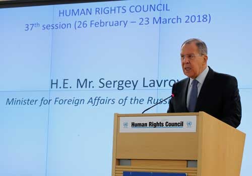Sergei Lavrov, ministro dos Negócios Estrangeiros da Rússia, perante o Conselho das Nações Unidas para os Direitos Humanos, em Genebra Foto. Reuters