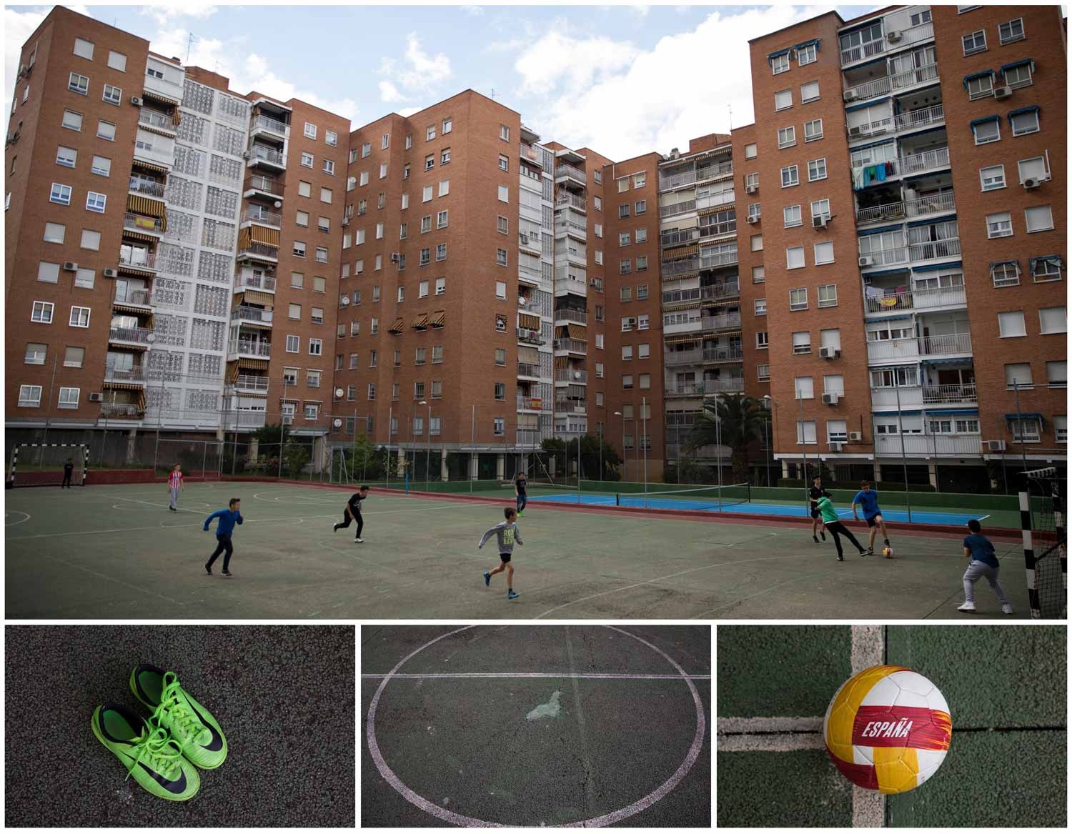  Em Madrid, capital espanhola, um grupo de crian&ccedil;as joga futebol num campo escondido entre pr&eacute;dios. Foto: Sergio Perez - Reuters 