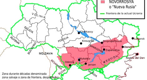 "Mapa Regi&atilde;o Novorrosiya" por Shliahov - Obra pr&oacute;pria licenciada sob Creative Commons Attribution 3.0 atrav&eacute;s da Wikimedia Commons