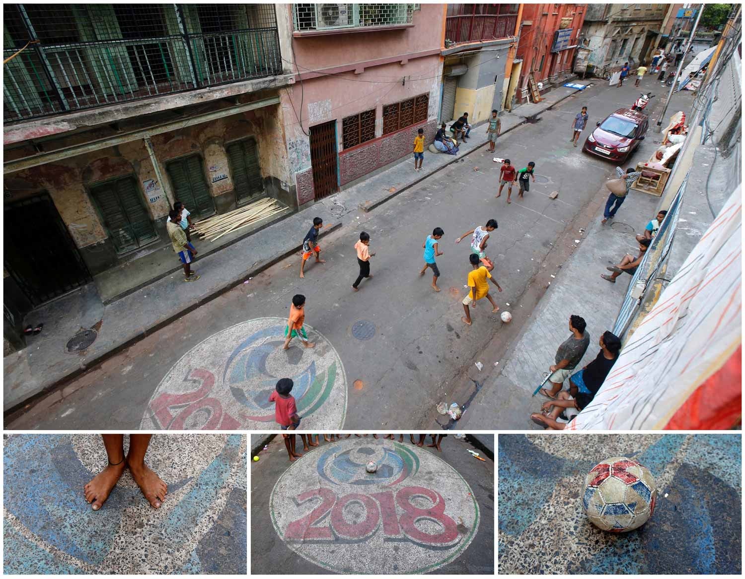  A rua &eacute; o campo de futebol poss&iacute;vel para muitos. Neste caso v&ecirc;-se um grupo de crian&ccedil;as em Calcut&aacute;, na &Iacute;ndia, a jogar futebol descal&ccedil;os. Foto: Rupak De Chowdhuri - Reuters 