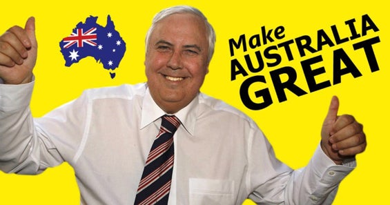 Cartaz de campanha de Clive Palmer &agrave;s elei&ccedil;&otilde;es legislativas da Austr&aacute;lia em 2019 Foto: Reuters