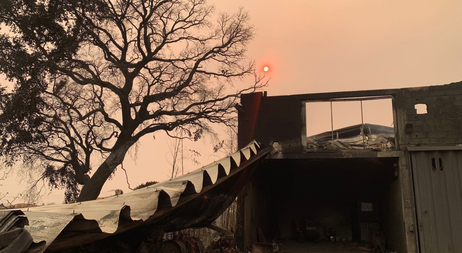  Em Albergaria-a-Velha, esta empresa de com&eacute;rcio e manuten&ccedil;&atilde;o de tratores e m&aacute;quinas agr&iacute;colas foi totalmente destru&iacute;da pelas chamas. / Foto: Ant&oacute;nio Antunes - RTP 