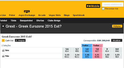 As apostas no Betfair, sobre a saída da Grécia do euro, esta manhã. Foto: RTP As apostas no Betfair, sobre a saída da Grécia do euro, esta manhã. Foto: RTP