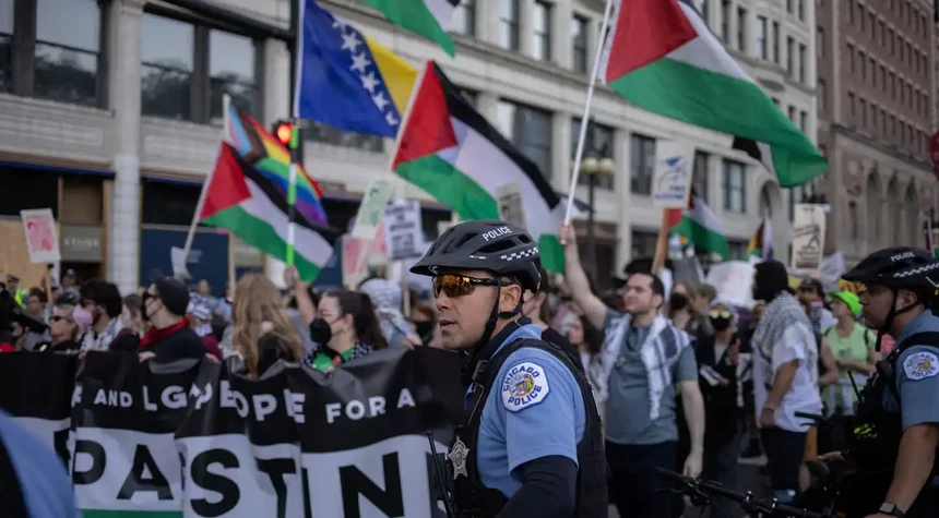 Os polícias controlam os ativistas na Convenção Nacional Democrata, em Chicago
