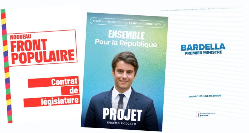 Capa dos programas dos 3 grandes blocos políticos que vão a votos nas próximas eleições legislativas em França: Nova Frente Popular, Ensemble pour la République e  Rassemblement National. 
