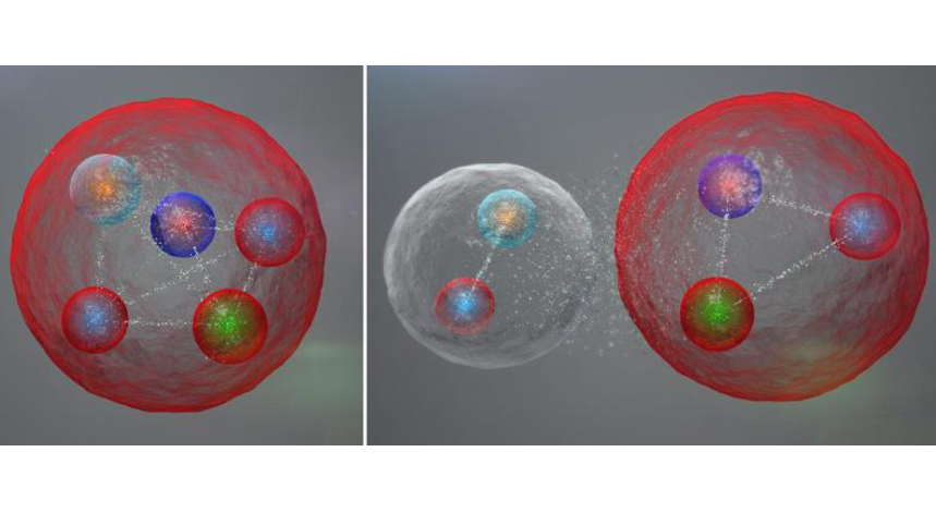 Possível aglomeração de quarks numa partícula de pentaquarks. Os pentaquarks tanto podem estar fortemente ligados (à esquerda) como juntos num meson (um quark e um anti-quark) e num baryon (três quarks) fracamente unidos (imagem da direita)
