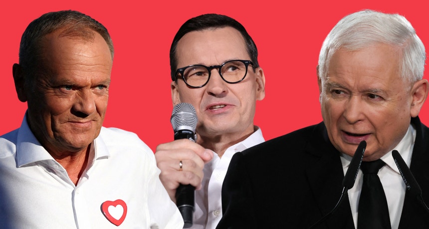 Da esquerda para a direita: o líder do maior partido da oposição Donald Tusk, o atual primeiro-ministro polaco Mateusz Morawiecki e o líder do partido da extrema-direita conservadora, Lei e Justiça (PiS), Jaroslaw Kaczynski.

