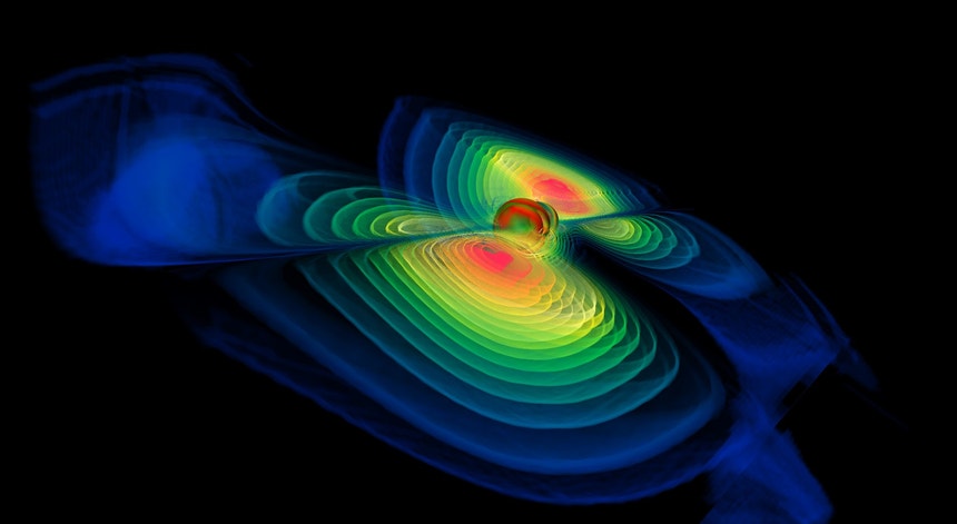 Simulação computorizada das ondas gravitacionais emitidas por duas buracos negros a colidir no espaço.
