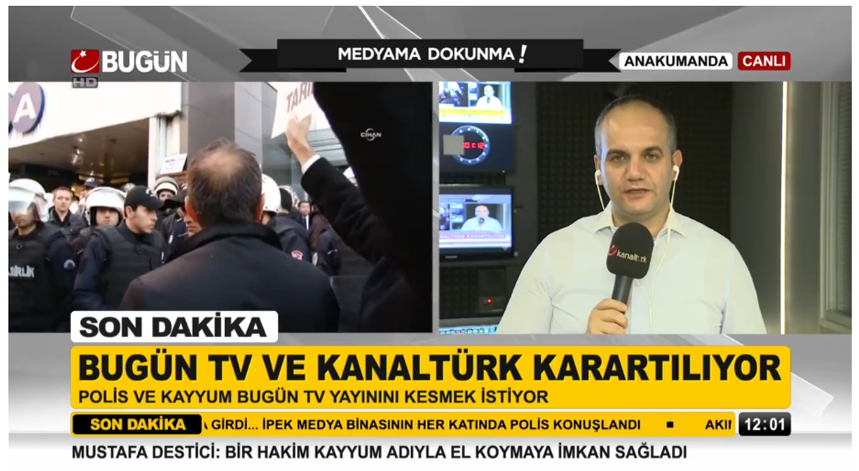 Imagens do site da televisão turca Bügun TV do clérigo Fethullah Gülen que transmitiu em direto a invasão das suas instalações pela polícia em cumprimento de uma ordem judicial para assumir o controlo do grupo Koza Ipek
