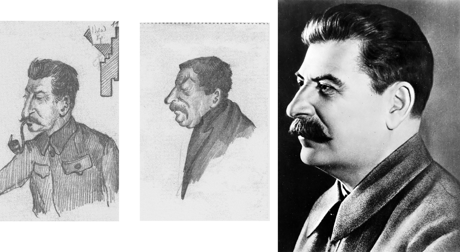  Josef Estaline desenhado por N.I. Bukharim em fevereiro de 1928 (esq.) e abril de 1929 (dir.) 