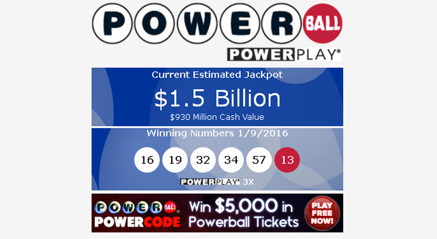 O an&uacute;ncio na p&aacute;gina da Powerball indica o novo record da maior lotaria do mundo