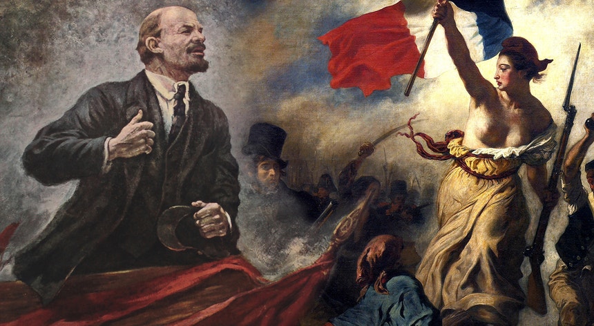 “Lenine na tribuna” de Alexandr Gerasimov (1930) e “A liberdade guiando o povo” de Eugène Delacroix (1830)
