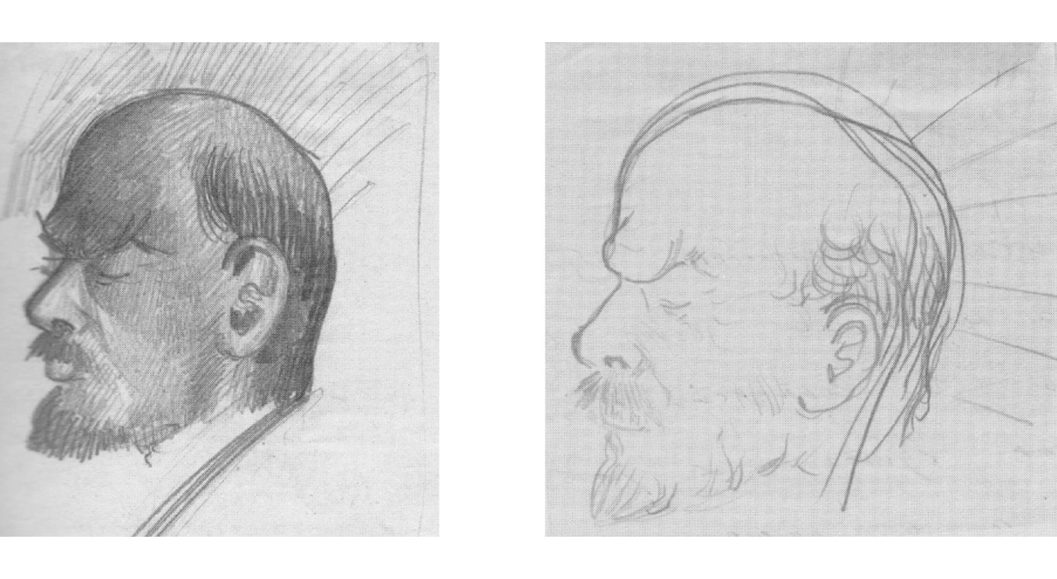  Dois retratos de Lenine. &Agrave; esquerda por Bukharin em  junho de 1927 &agrave; direita autor e data desconhecidos 