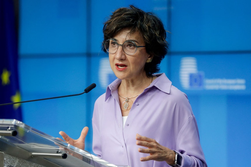 Maria do Céu Antunes, ministra da Agricultura de Portugal, em conferência de imprensa em Bruxelas a 25 de junho 2021
