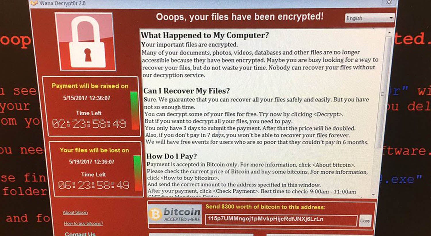 A mensagem que est&aacute; a aparecer nos computadores pirateados.