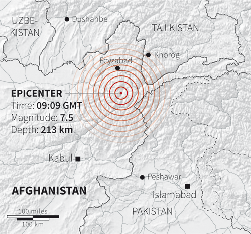Mapa do epicentro do sismo de 7.5 desta segunda-feira 26 de outubro no Afeganistão. Autor: Reuters Mapa do epicentro do sismo de 7.5 desta segunda-feira 26 de outubro no Afeganistão. Autor: Reuters