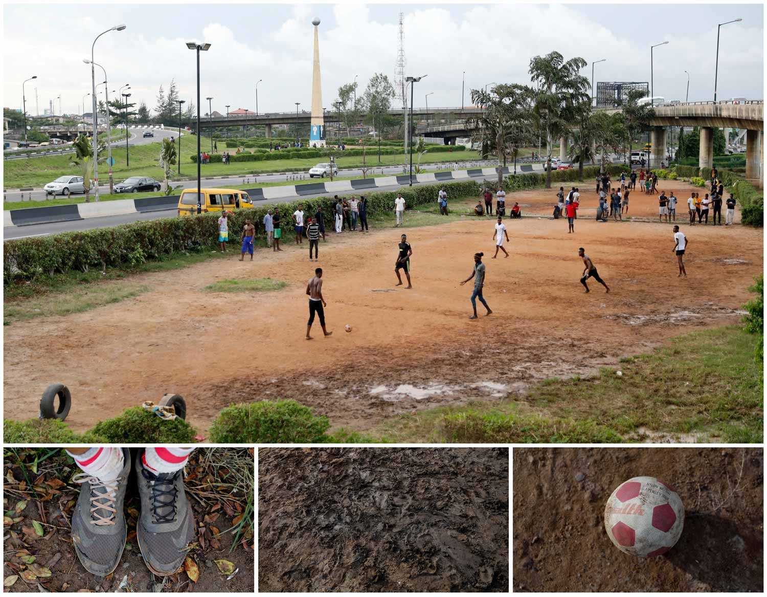  Na cidade de Lagos, na Nig&eacute;ria, um grupo de jovens joga futeol num descampado ao longo de uma estrada em Iyana-Oworo. Foto: Akintunde Akinleye - Reuters 