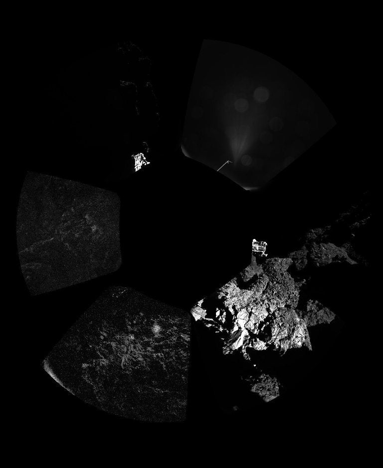 Localiza&ccedil;&atilde;o da sonda no cometa, apenas com uma das faces iluminada. (Foto: ESA)