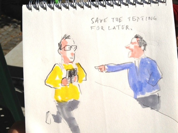  Um elemento do p&uacute;blico instiga o artista a concentrar-se na corrida e largar o telem&oacute;vel. Provavelmente n&atilde;o sabia que a corrida estava a ser acompanhada em direto pelos seguidores do canal #@abstractsunday do Twitter. 