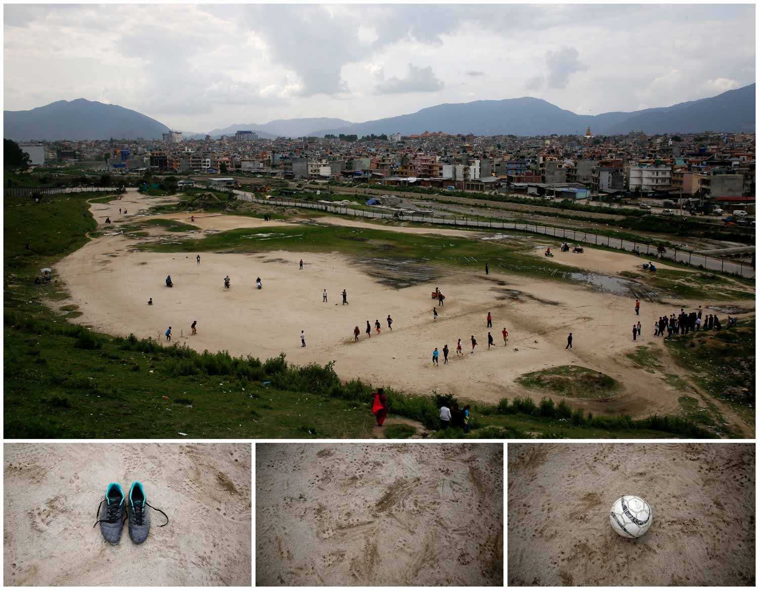  Um grupo de crian&ccedil;as joga futebol num campo amplo de areia em Catmandu, capital do Nepal. Foto: Navesh Chitrakar - Reuters 