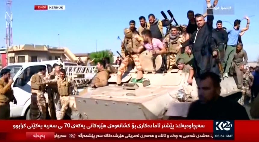 Apesar do avanço das forças governamentais, a televisão do Curdistão mostra forças curdas na cidade disputada de Kirkuk. Foto: Reuters TV