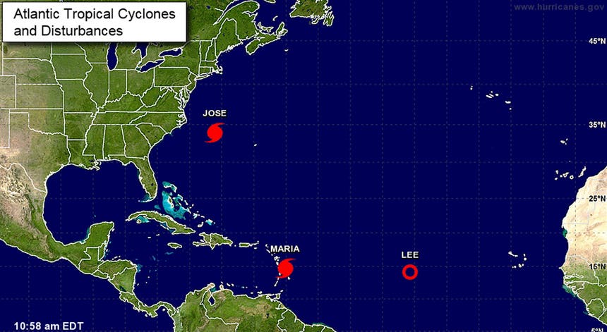 O furacão Maria vai chegar às ilhas de Sotavento nas Caraíbas no final de segunda-feira. Grafismo: NHC O furacão Maria vai chegar às ilhas de Sotavento nas Caraíbas no final de segunda-feira. Grafismo: NHC