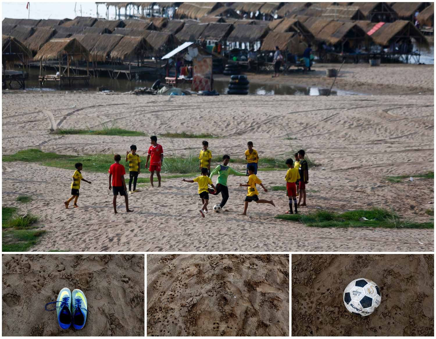  No Camboja, ao longo das margens do rio Mekong, nos arredores de Phnom Penh, um grupo de crian&ccedil;as joga futebol na areia. Foto: Pring Samrang - Reuters 