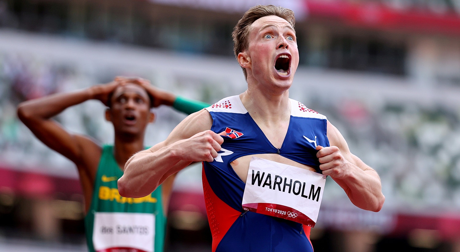  Final de 400m barreiras masculinos. O atleta noruegu&ecirc;s, Karsten Warholm, comemora a vit&oacute;ria. | Foto: Lucy Nicholson - Reuters 