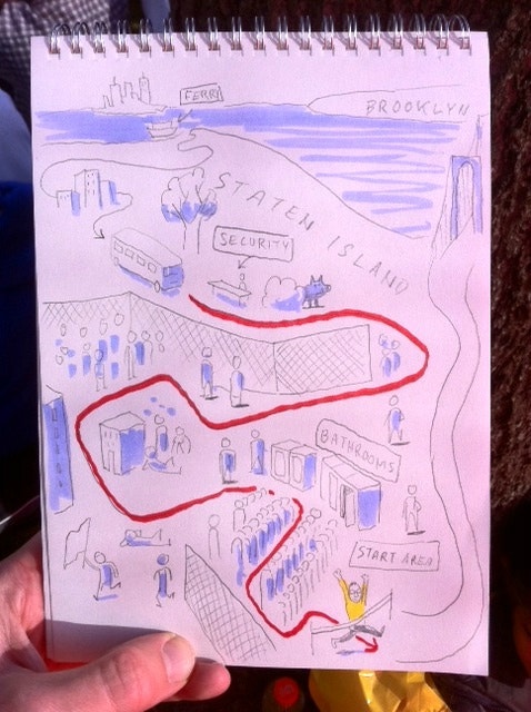  O artista consegue finalmente passar pela seguran&ccedil;a com o material que precisa para pintar os seus cartoons, festejando a chegada ao ponto de partida com um desenho ir&oacute;nico. 