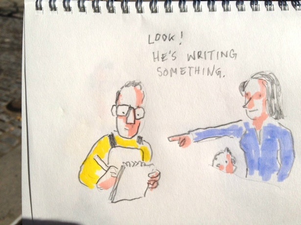  O p&uacute;blico apercebeu-se que Christoph Niemann corria com um bloco e v&aacute;rios l&aacute;pis e pinc&eacute;is na m&atilde;o, questionando o que seria que &iacute;a a fazer. 