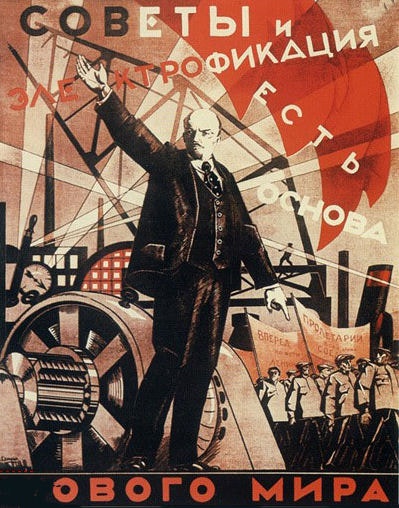   &quot;Os sovietes e a eletrifica&ccedil;&atilde;o constroem o novo mundo&quot;. Alexander Samokhvalov, 1921  